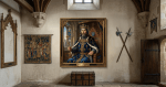 King Louis VII of France seated on a throne wearing a jeweled crown and royal blue robe with fleur-de-lis