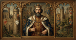Medieval king wearing crown and fleur-de-lis robe holding scepter and sword